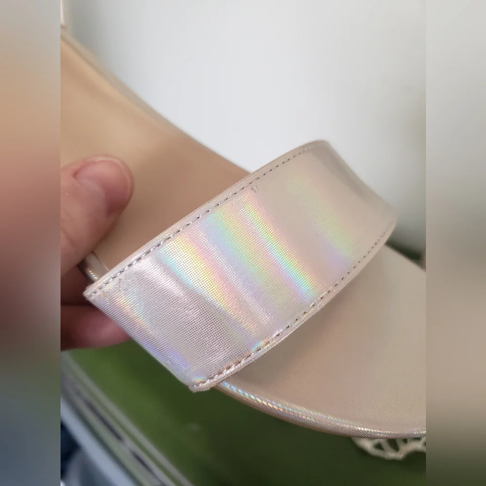 Elegant Beige Champange Rainbow Iridescent Ankle Strap Sandals Girls 5
